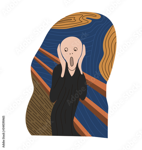 Painting scream in vector. To go on the road. The man screams. Hold your head with your hands. Screaming in fear. Be afraid of the environment. Print for clothes. Creative print on a T-shirt.