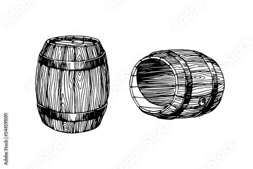 Old oak wine barrels. Vector illustration with black ink, isolated on a white background in a hand drawn style.