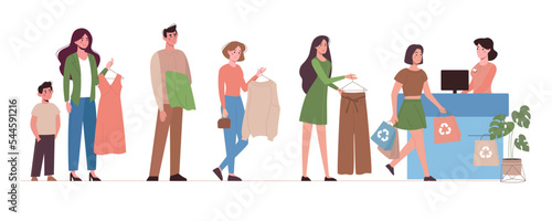 Vector illustration of several people standing in line at the checkout to buy clothes. Men and women stand in front of the cash register, shopping. flat style.