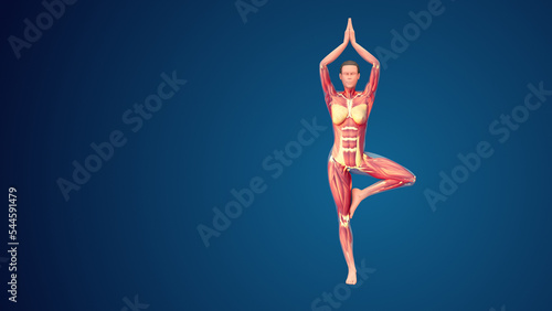 3D human Vrikshasana tree pose with arms elevated yoga pose on blue background