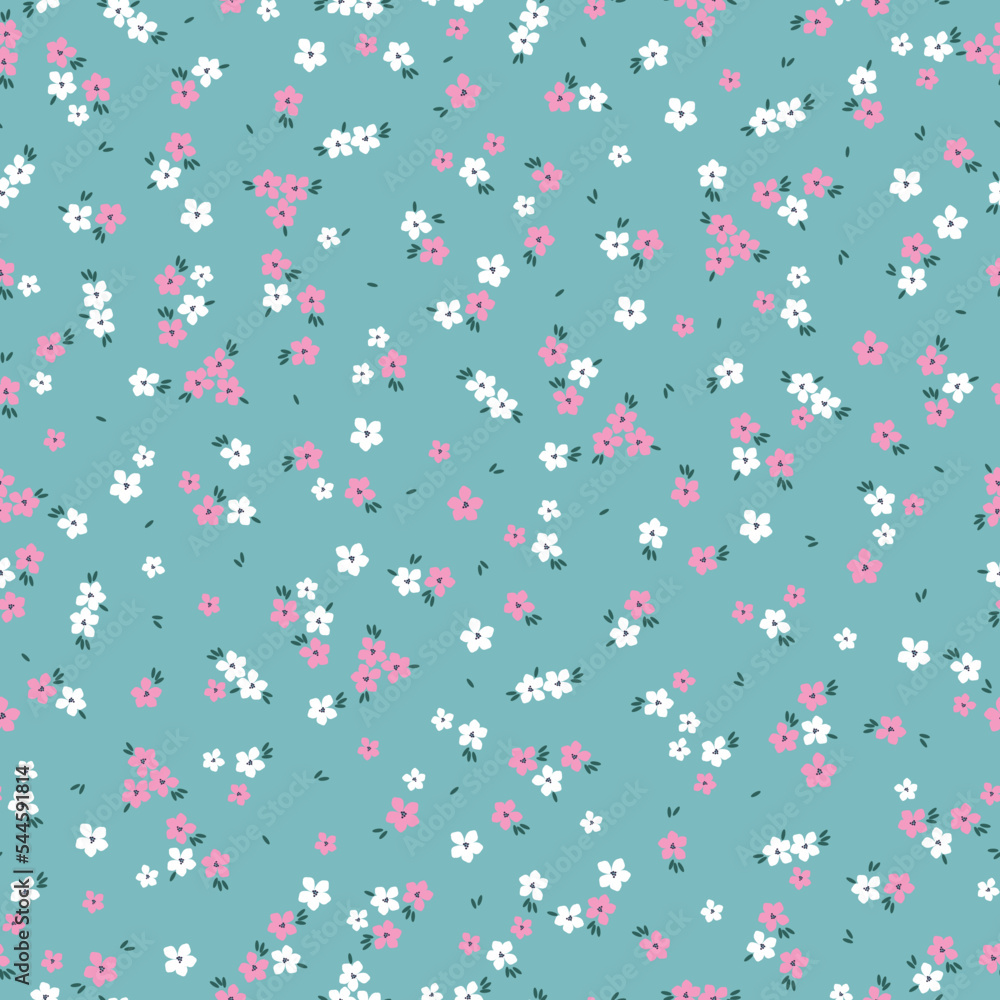 Cute floral pattern. Seamless vector texture. An elegant template for fashionable prints. Print with small white and pink  flowers. blue background.