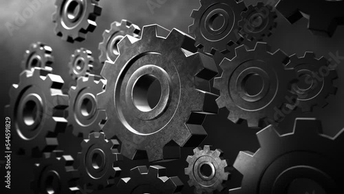 engine gears wheels slowly rotating dark metallic gears. Iron clockwork machinery in motion. Industrial metallic construction. Symbol of teamwork. perfect for business related purposes. 3d rendering