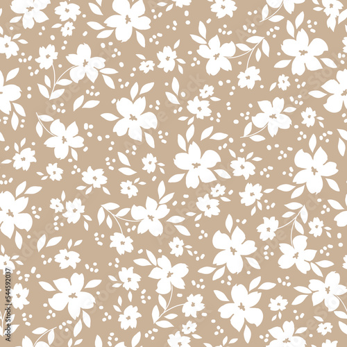 Cute floral pattern. Seamless vector texture. An elegant template for fashionable prints. Print with white flowers and leaves. beige background.