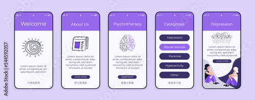 Set of UI, UX screens for mobile app about psychology. Solving mental problems: depression, bipolar disorder, hyperactivity, paranoia. Walkthrough website steps. Mental health.