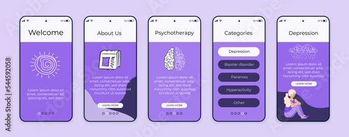 Set of UI, UX screens for mobile app about psychology. Solving mental problems: depression, bipolar disorder, hyperactivity, paranoia. Walkthrough website steps. Mental health.