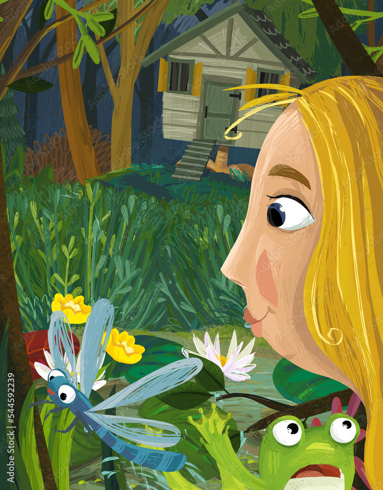 cartoon girl princess frog insects flying illustration Stock ...