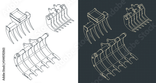 Rake for excavators isometric blueprints