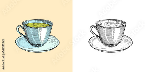 Tea shop emblem. Cup of drink. Vintage retro badge. Hand Drawn engraved sketch. Templates for t-shirts, typography or signboards.