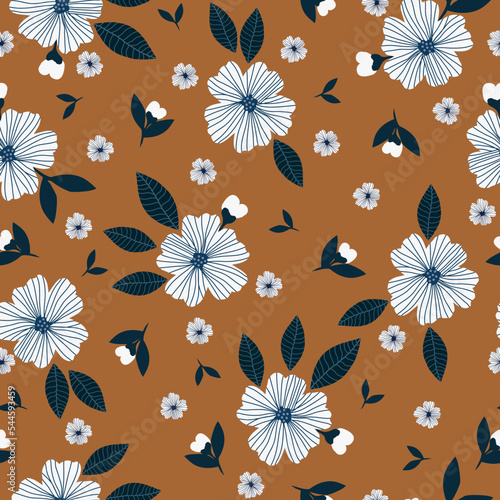Cute floral pattern. Seamless vector texture. An elegant template for fashionable prints. Print with white flowers, dark blue leaves . brown background.