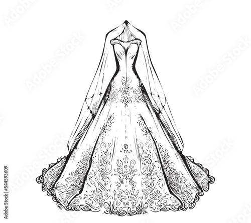 vintage wedding dress with veil on a mannequin hand drawn engraving sketch.Vector illustration.