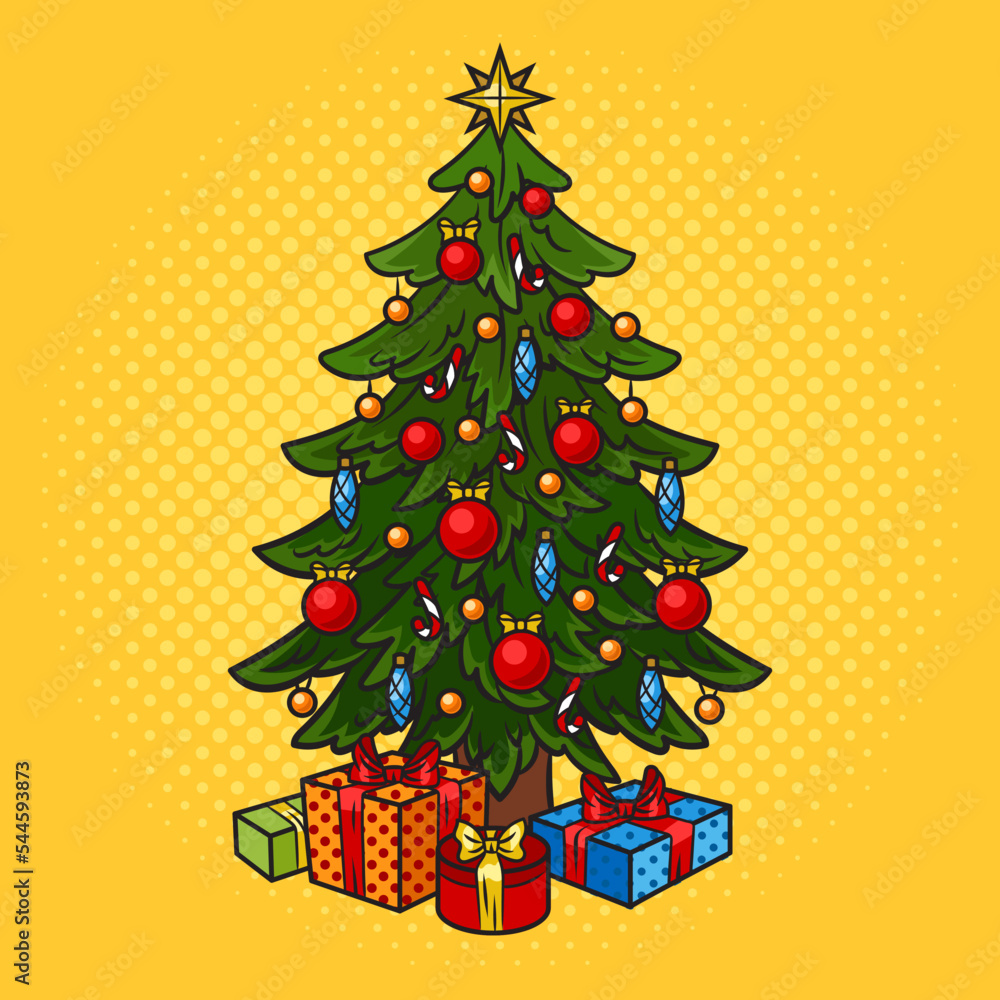 Christmas tree with gifts pinup pop art retro vector illustration