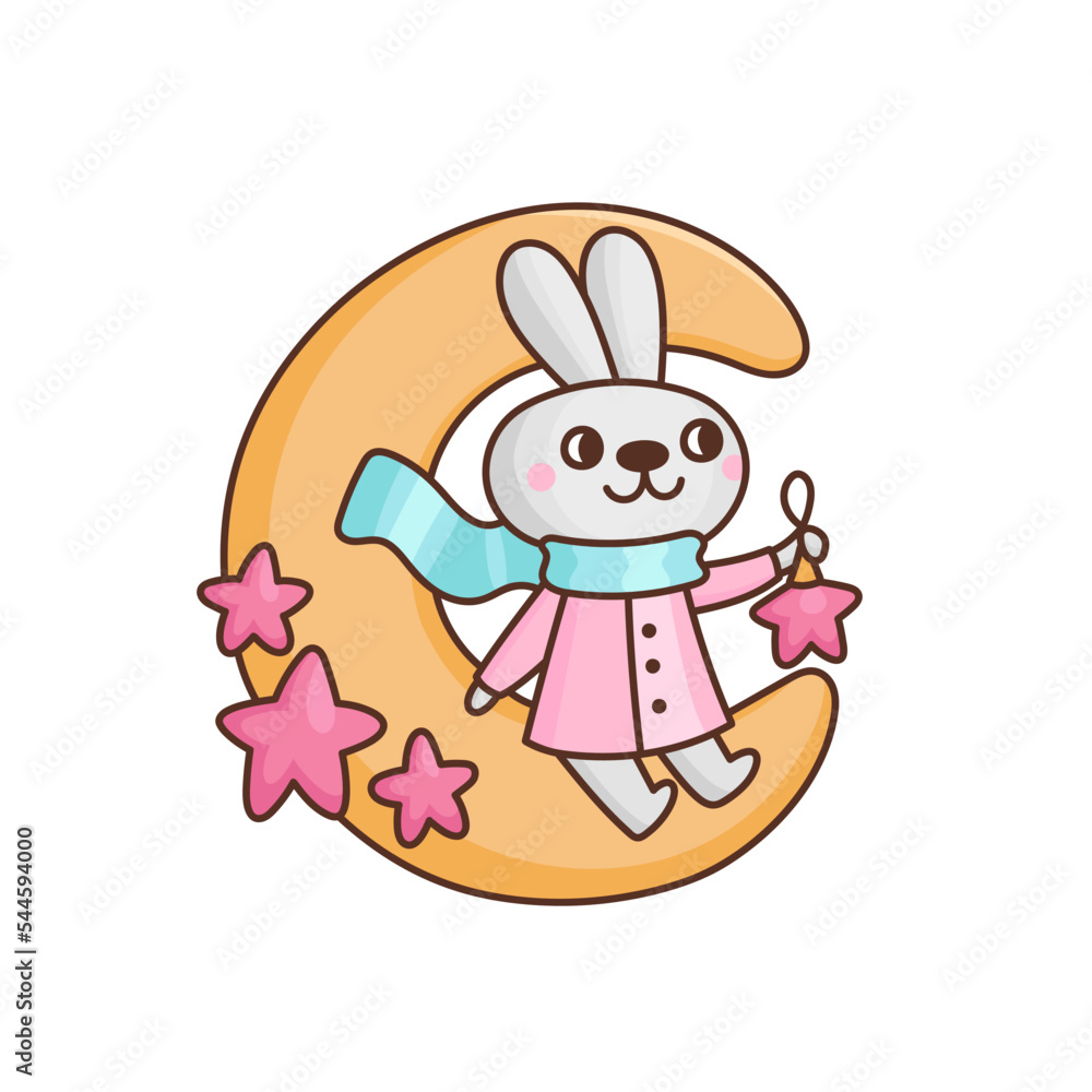 Cute bunny sitting on the moon with stars. Funny rabbit in winter clothes. Vector illustration for Christmas or mid autumn festival isolated on white background.