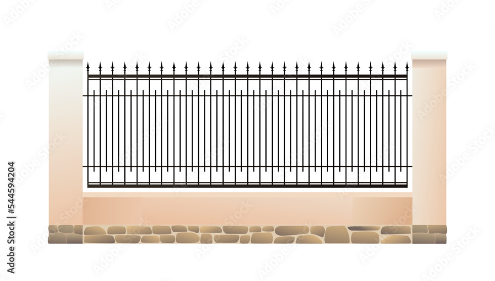 Wrought iron fence with plastered brick pillars and stone foundation. Isolated on white background Vector. Wrought iron fence with plastered brick pillars and stone foundation. Isolated on white background Vector.