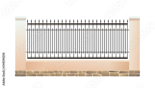 Wrought iron fence with plastered brick pillars and stone foundation. Isolated on white background Vector.