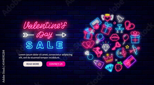 Happy Valentines Day sale neon promotion. Website landing page template. February offer. Vector stock illustration