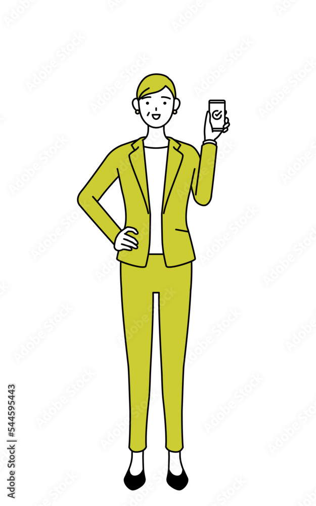 仕事でスマホを使うスーツ姿のシニア女性、女性管理職・キャリアウーマンのシンプルな線画イラスト 仕事でスマホを使うスーツ姿のシニア女性、女性管理職・キャリアウーマンのシンプルな線画イラスト