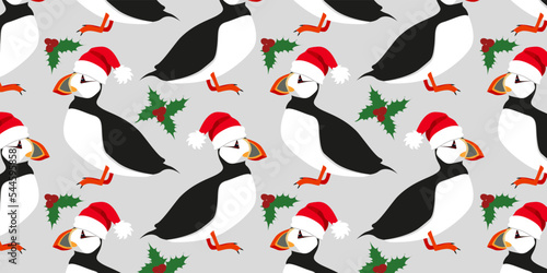 Christmas Puffin on Grey Background. Website Merry Christmas, Background or Banner 