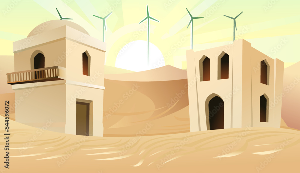 Arab clay hut. Wind turbines in sandy desert. Middle Eastern adobe dwelling. Africa and Asia traditional house. Vector.