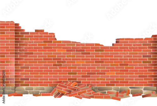 Brick fence with columns and stone foundation. Completely destroyed. Horizontal seamless design. Isolated on white background Vector.