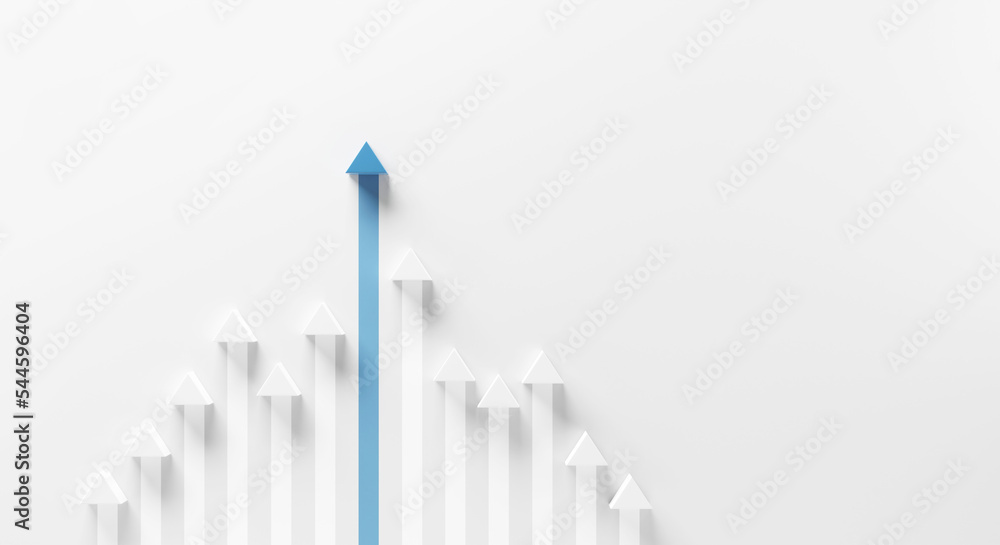 Minimal blue arrow up to growth success on white background, 3d render ...