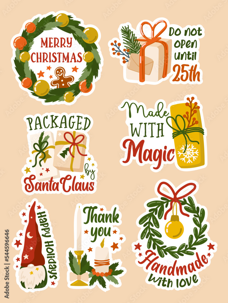 Christmas packaging sticker pack. Christmas small business vector stickers