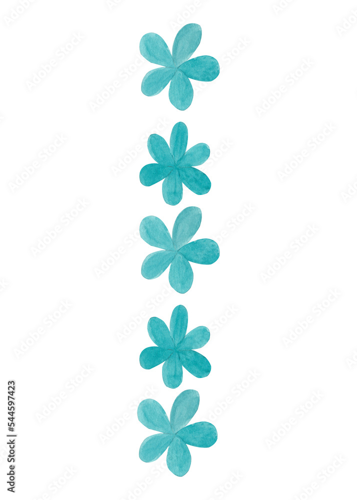 Watercolor buds in a vertical row. Mint colored flowers. Perfect for holiday decor