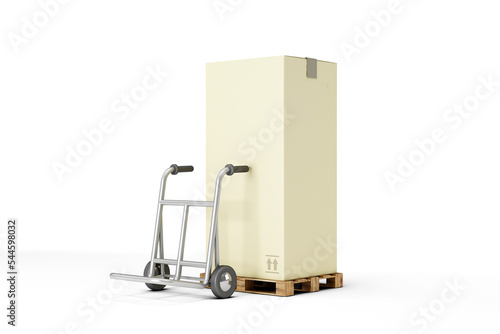 Hand truck with a big cargo box on pallete isolated on white background