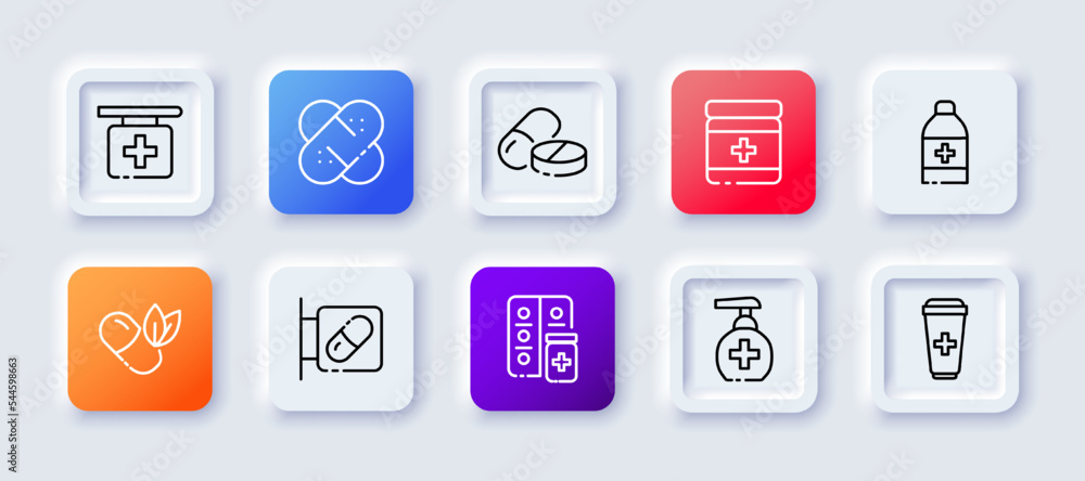 Medicine set icon. Capsule, tablet, syrup, plate, pill reminder, test tube, disease, antiseptic, pharmacy. Health care concept. Neomorphism style. Vector line icon for Business and Advertising Medicine set icon. Capsule, tablet, syrup, plate, pill reminder, test tube, disease, antiseptic, pharmacy. Health care concept. Neomorphism style. Vector line icon for Business and Advertising
