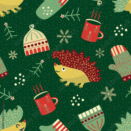 Cute hedgehog, hats, gloves seamless vector pattern backdground. Fun hedgehogs with warm winter clothes and drink backdrop. Animal cartoon character in traditional seasonal colours. Christmas repeat.