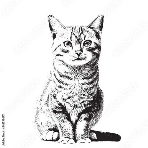Obraz na plátně Cute kitten hand drawn engraving sketch.Vector illustration.