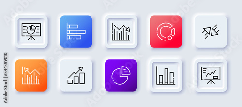Statistical charts set icon. Bar and pie chart, donut, growth, decline, arrow, analytics, data analysis, information processing. Neomorphism style. Vector line icon for Business and Advertising