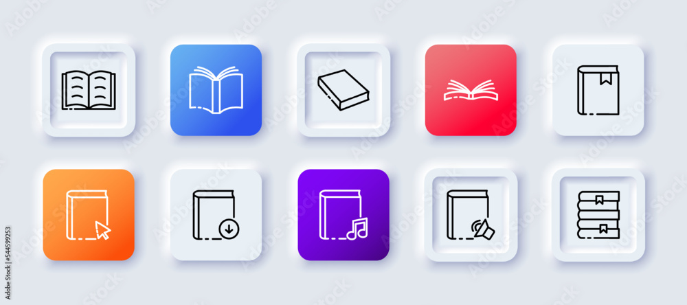 Fiction set icon. Book, writer, scroll, letter, e book, computer, story, fairy tale, literature, inspiration, lamp, read, hobby, occupation. Reading concept. Neomorphism style. Vector line icon Fiction set icon. Book, writer, scroll, letter, e book, computer, story, fairy tale, literature, inspiration, lamp, read, hobby, occupation. Reading concept. Neomorphism style. Vector line icon