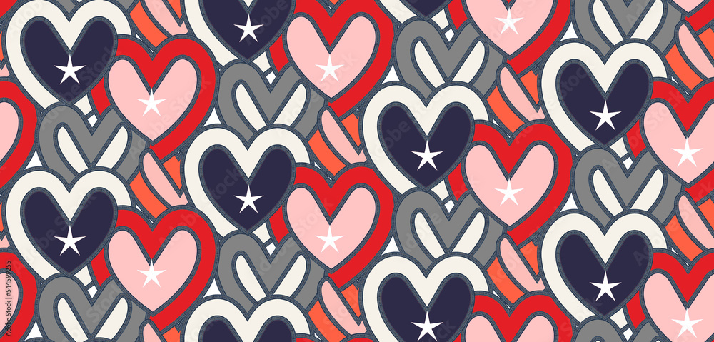 Abstract Hearts Stars Denim Stripes Seamless Hand Drawn Pattern Trendy Fashion Colors Perfect for Allover Fabric Print or Wrapping Paper Abstract Hearts Stars Denim Stripes Seamless Hand Drawn Pattern Trendy Fashion Colors Perfect for Allover Fabric Print or Wrapping Paper