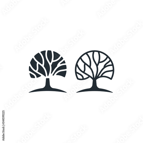 Oak or banyan tree line art logo icon design vector illustration