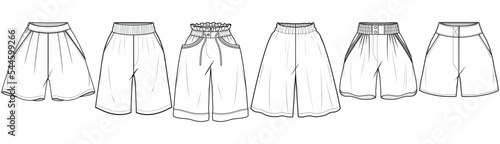 Flared Shorts, Oversize Short, Wide Leg Shorts  Sets Fashion Illustration, Vector, CAD, Technical Drawing, Flat Drawing, Template, Mockup	