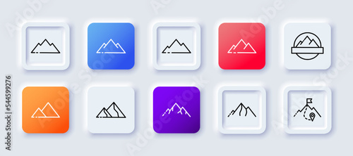 Mountain set icon. Alpinism, climber, travel, tourism, tour agency, hill, altitude, emblem, symbol. Mount concept. Neomorphism style. Vector line icon for Business and Advertising
