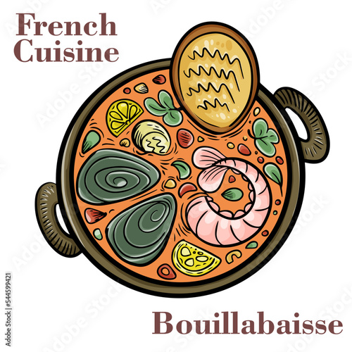Freshly cooked seafood bouillabaisse soup with shrimps, fish fillets and mussels closeup in a bowl.