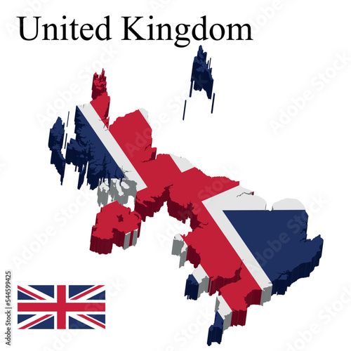 Flag of United Kingdom on 3d map on white background.