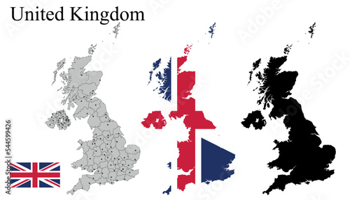 Set of maps of United Kingdom. Flag on the map. Silhouette of the card