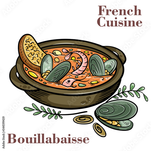Freshly cooked seafood bouillabaisse soup with shrimps, fish fillets and mussels closeup in a bowl.