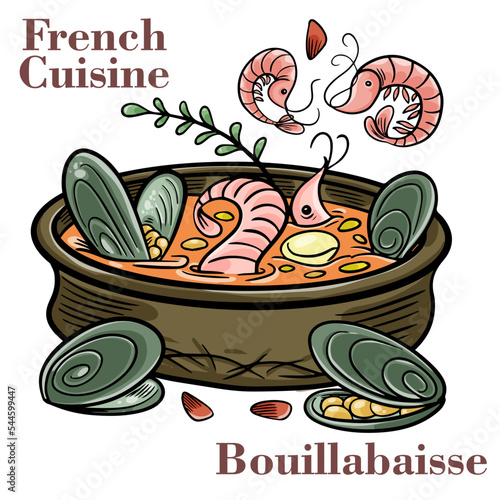 Freshly cooked seafood bouillabaisse soup with shrimps, fish fillets and mussels closeup in a bowl.