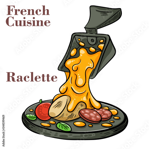 Delicious traditional French melted raclette cheese served in individual skillets