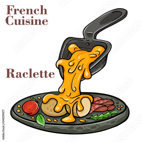 Delicious traditional French melted raclette cheese served in individual skillets