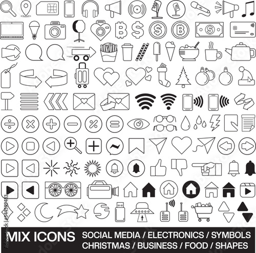 outline icons for social media, electronic, food, christmas, business and symbols