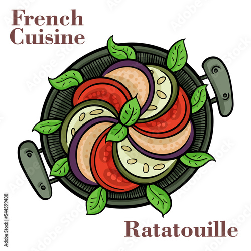 Traditional homemade vegetable ratatouille baked in cast iron frying pan healthy diet french vegetarian food