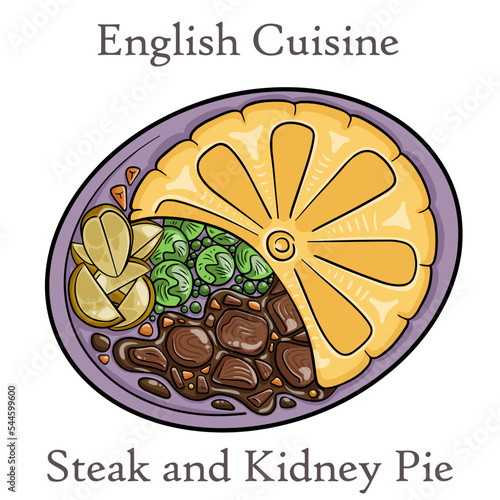 Cut open Steak and Kidney Pie on white background. Beef meat pie with vegetables and gravy