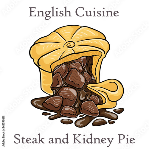 Cut open Steak and Kidney Pie on white background. Beef meat pie with vegetables and gravy