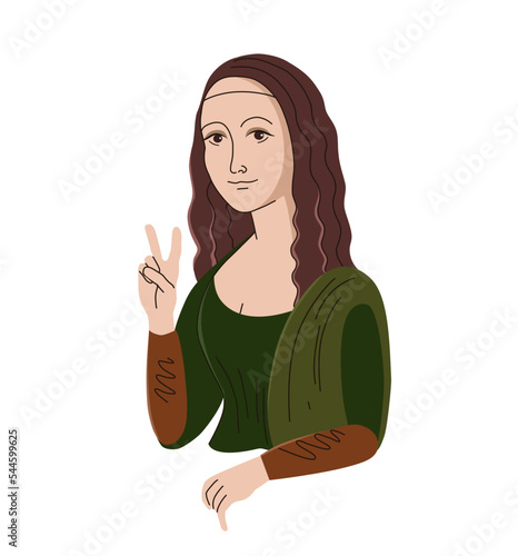 Vector Mona Lisa. Gioconda in the modern world. Masterpiece of world painting. Print for clothes. Creative print on a T-shirt. valentine's day card. Mona Lisa showing peace sign.