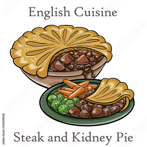 Cut open Steak and Kidney Pie on white background. Beef meat pie with vegetables and gravy