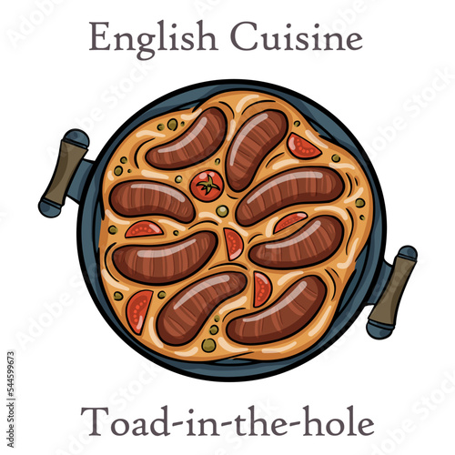 English food: toad in the hole into a baking dish on white background.